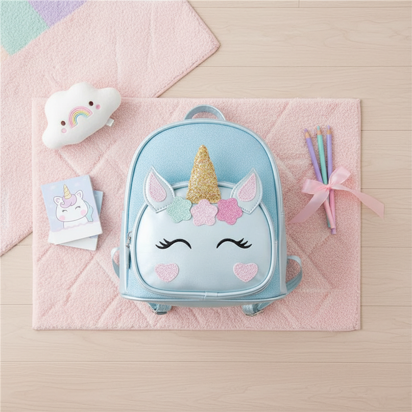 sky blue unicorn school backpack custom - flat-lay