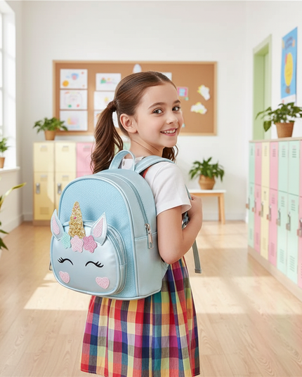 sky blue unicorn school backpack custom - in-use
