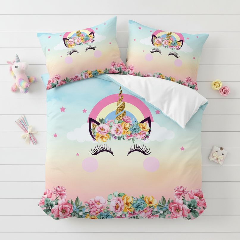 sky gradient lashes unicorn bedding - flat-lay