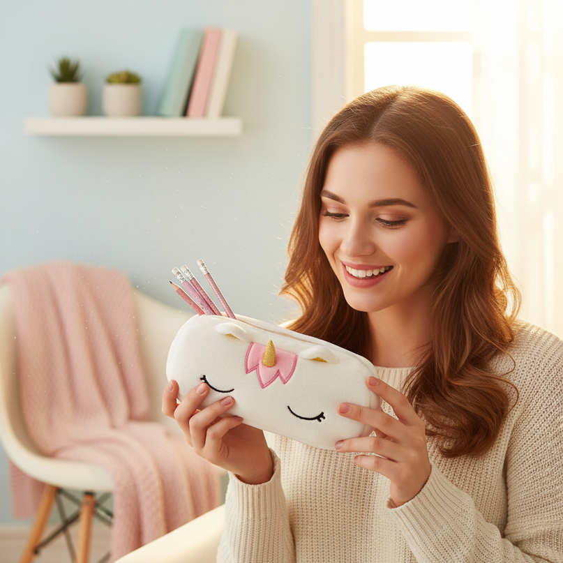 sleepy unicorn pencil case - in-use
