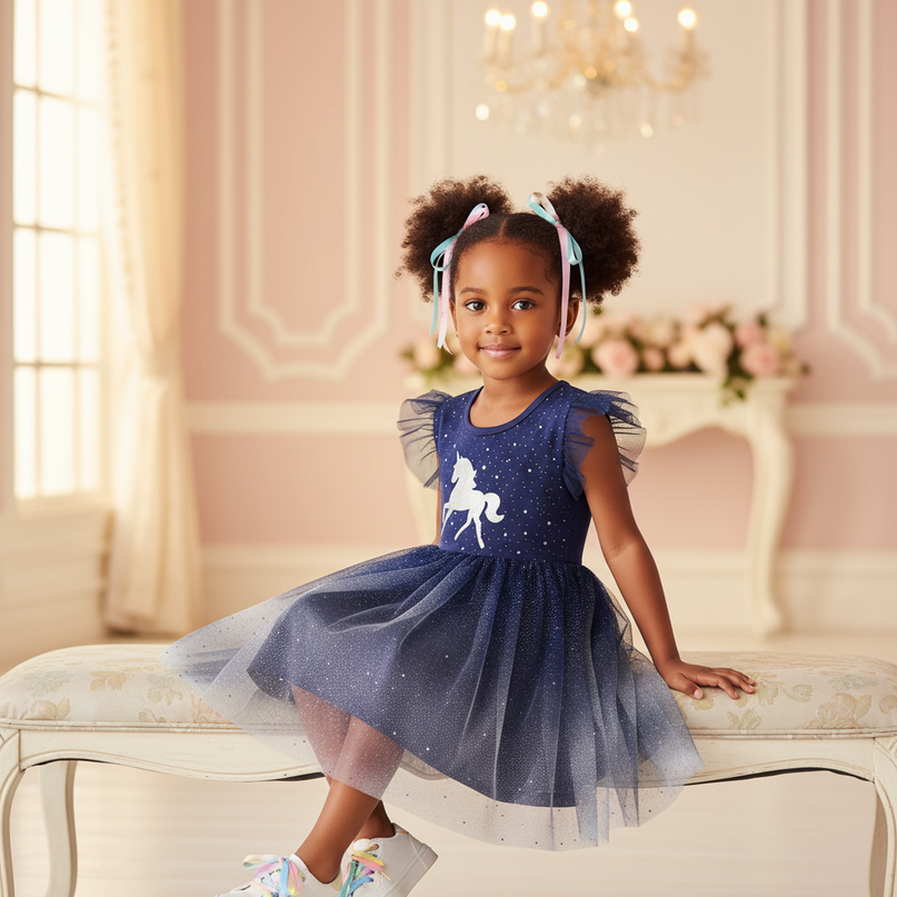 sleeveless unicorn dress girls - sitting