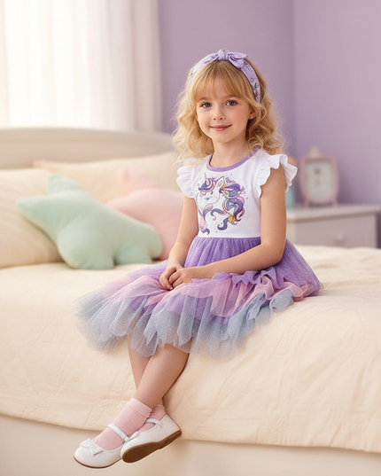 sleeveless unicorn patchwork dress - sitting