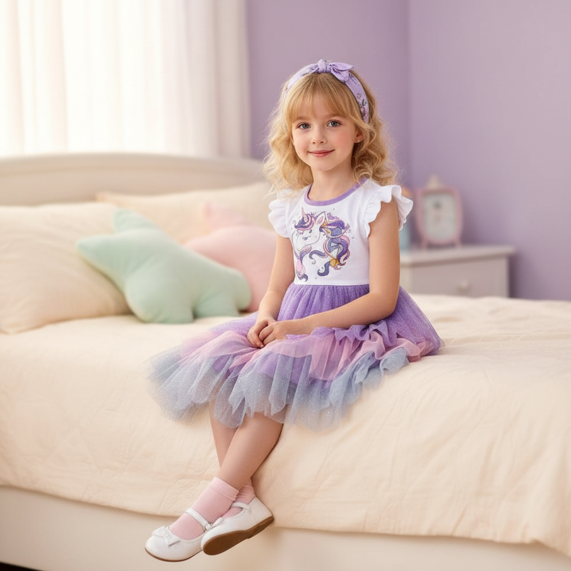 sleeveless unicorn patchwork dress - sitting