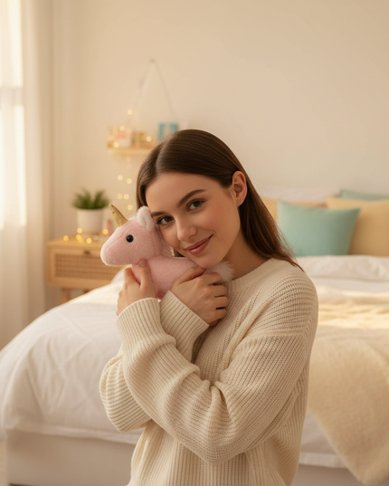 small pink plush unicorn - in-use