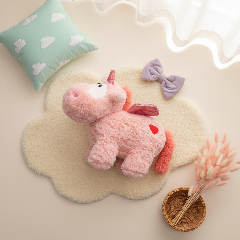 small pink stuffed unicorn - flat-lay
