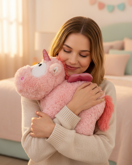 small pink stuffed unicorn - in-use