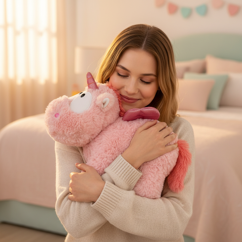 small pink stuffed unicorn - in-use