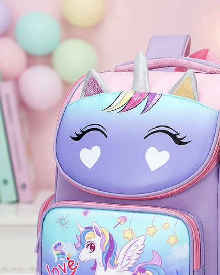 small purple unicorn school backpack - detail