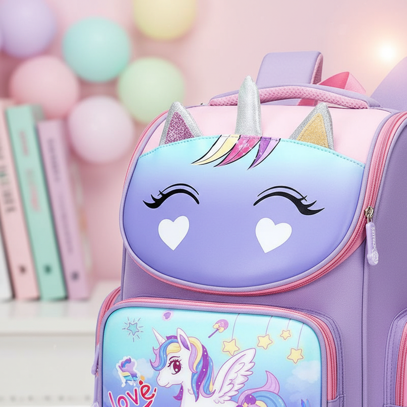 small purple unicorn school backpack - detail