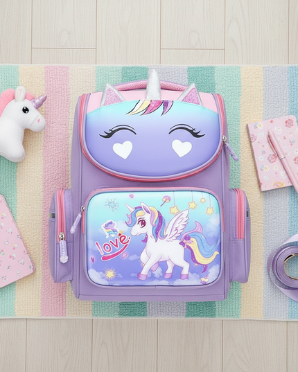 small purple unicorn school backpack - flat-lay