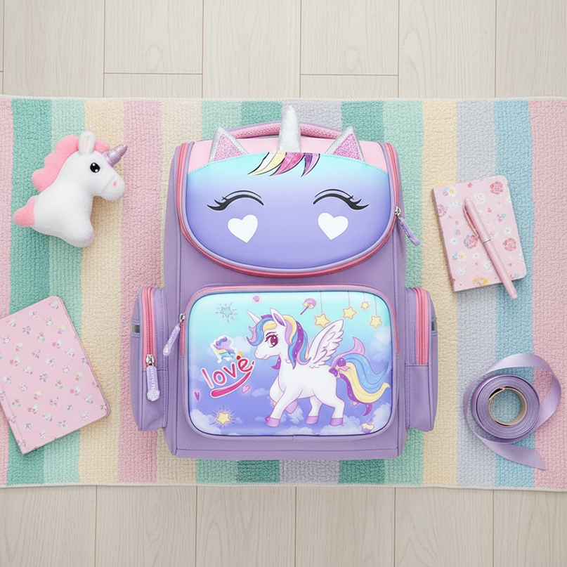 small purple unicorn school backpack - flat-lay
