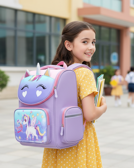 small purple unicorn school backpack - in-use