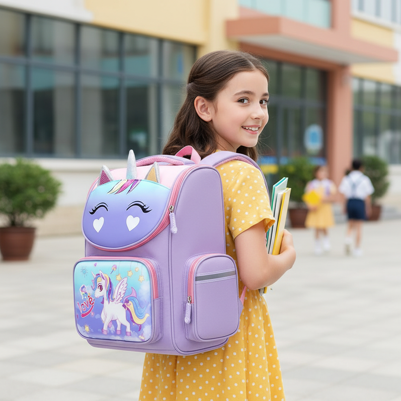 small purple unicorn school backpack - in-use