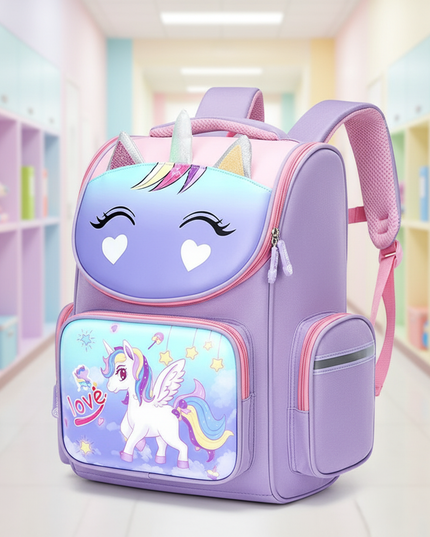 small purple unicorn school backpack - lifestyle