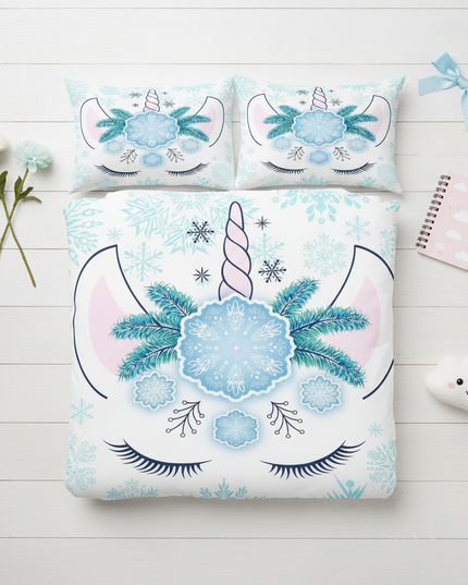 snowflake unicorn bedding - flat-lay