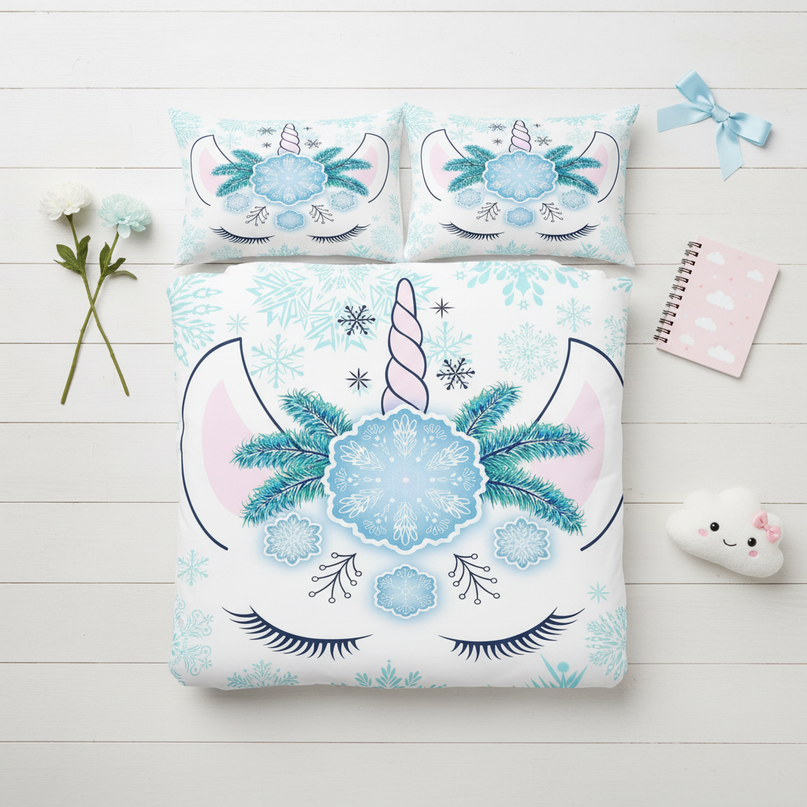 snowflake unicorn bedding - flat-lay