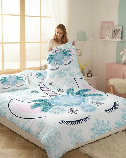 snowflake unicorn bedding - in-use