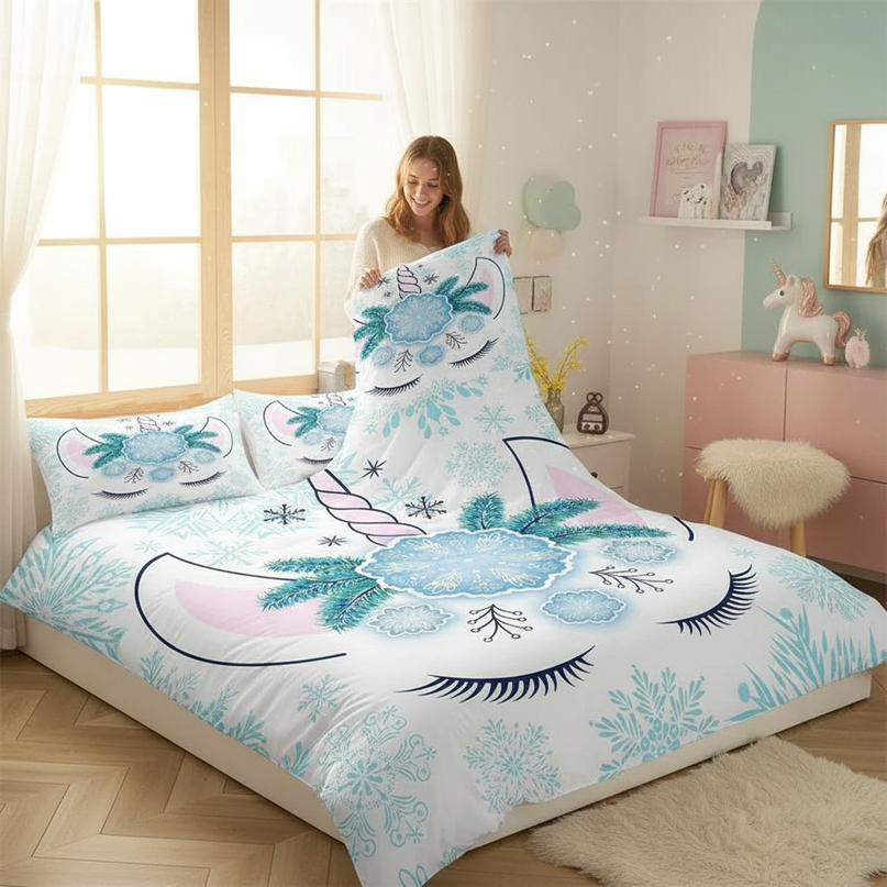 snowflake unicorn bedding - in-use
