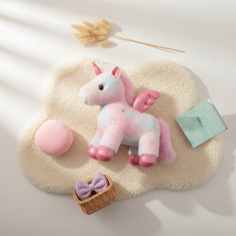 soft pink unicorn plush - flat-lay
