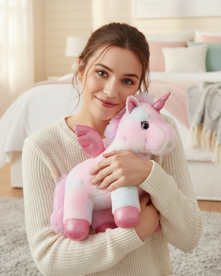soft pink unicorn plush - in-use