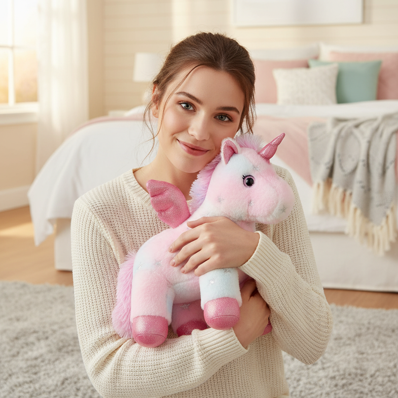 soft pink unicorn plush - in-use