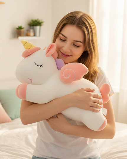 soft unicorn plush - in-use
