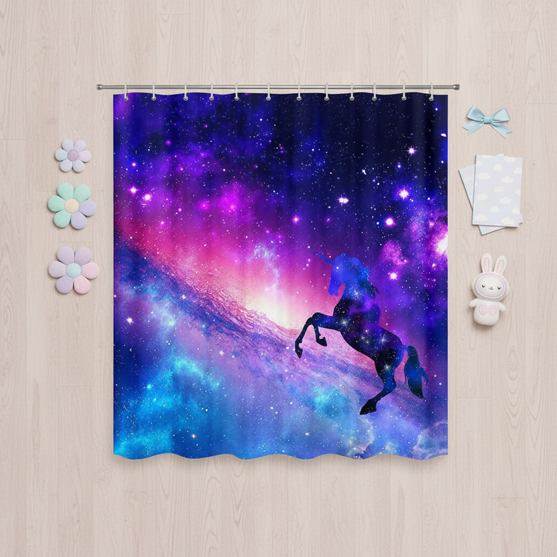 space unicorn shower curtain - flat-lay