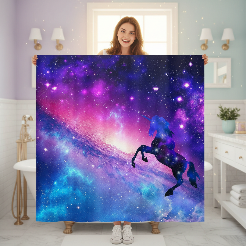 space unicorn shower curtain - in-use