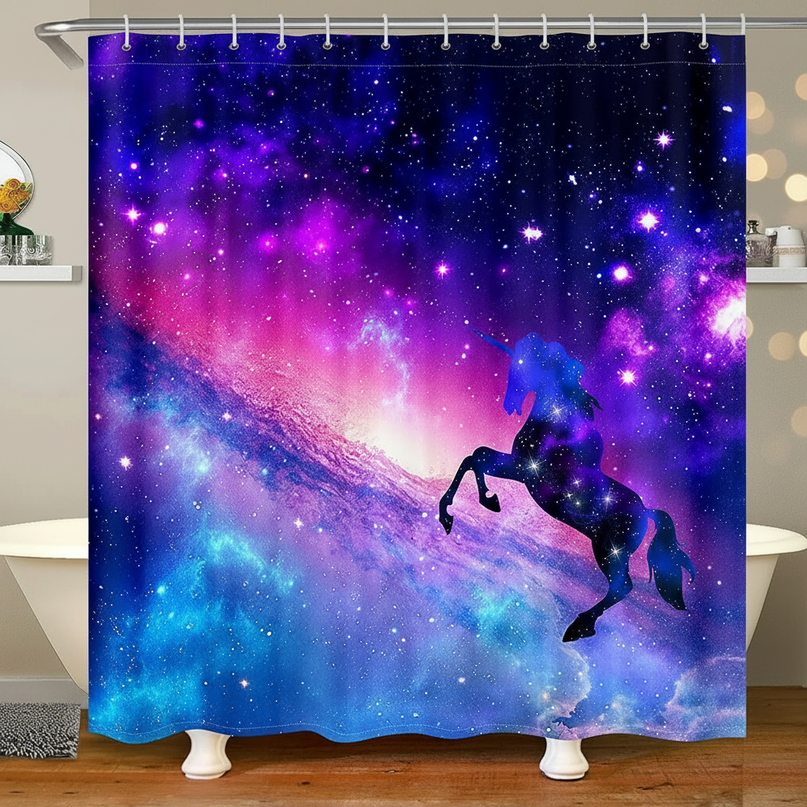 space unicorn shower curtain - lifestyle