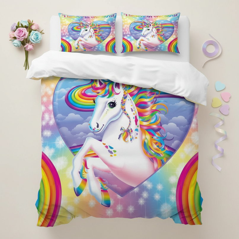 sparkle heart believe unicorn bedding - flat-lay