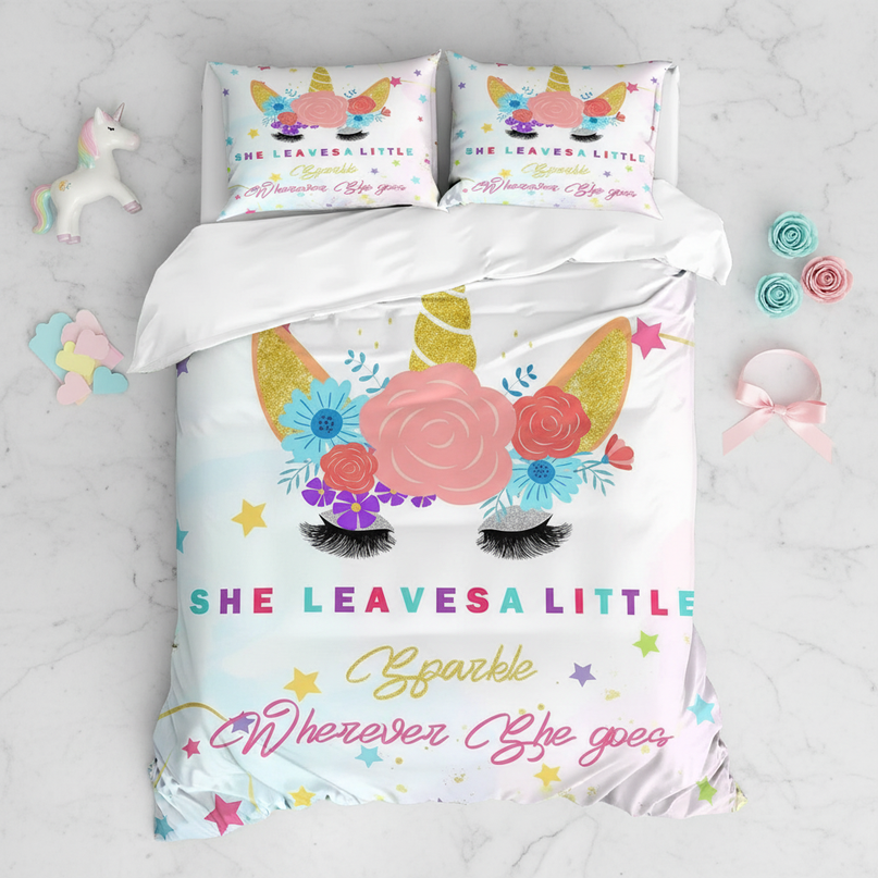 sparkle quote unicorn bedding - flat-lay