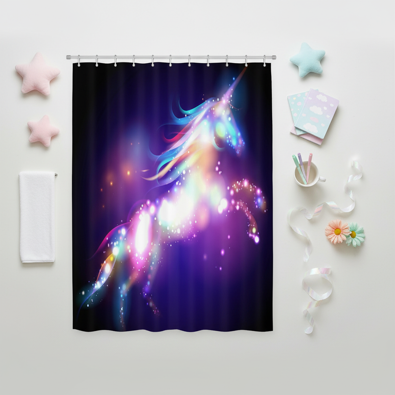 sparkle unicorn shower curtain - flat-lay
