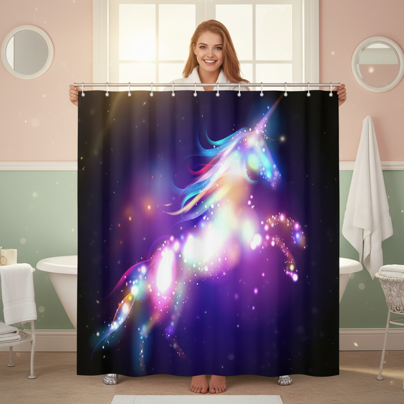 sparkle unicorn shower curtain - in-use