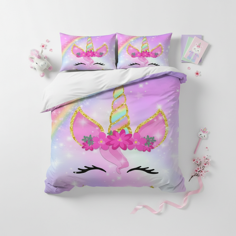sparkly unicorn bedding - flat-lay