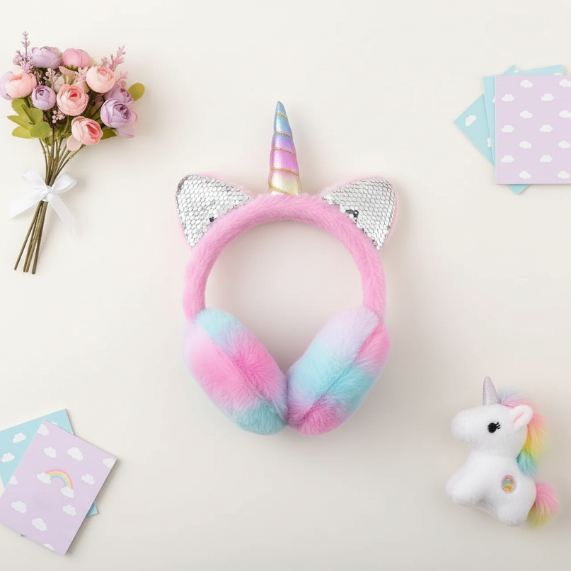 sparkly unicorn earmuffs - flat-lay