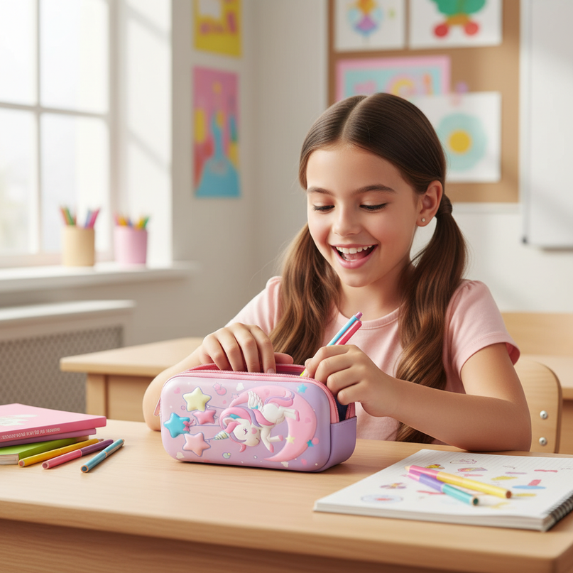 sparkly unicorn pencil case - in-use