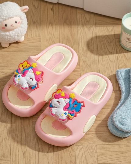 spinning unicorn slippers - flat-lay