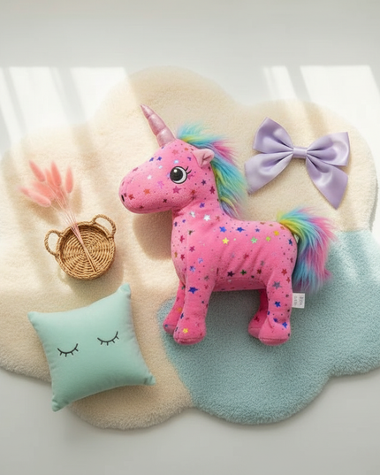 star print unicorn stuffed animal - flat-lay
