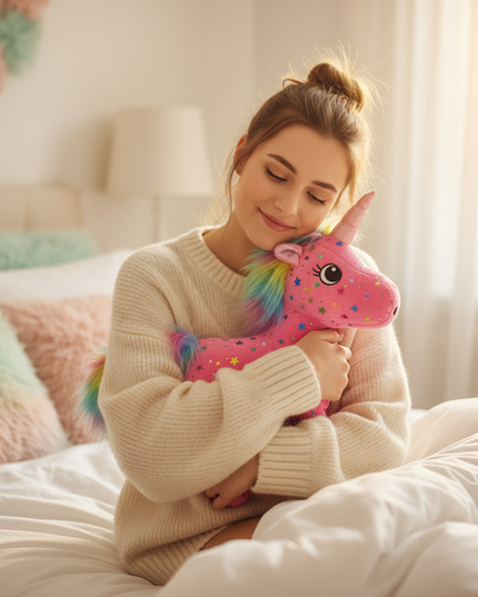 star print unicorn stuffed animal - in-use