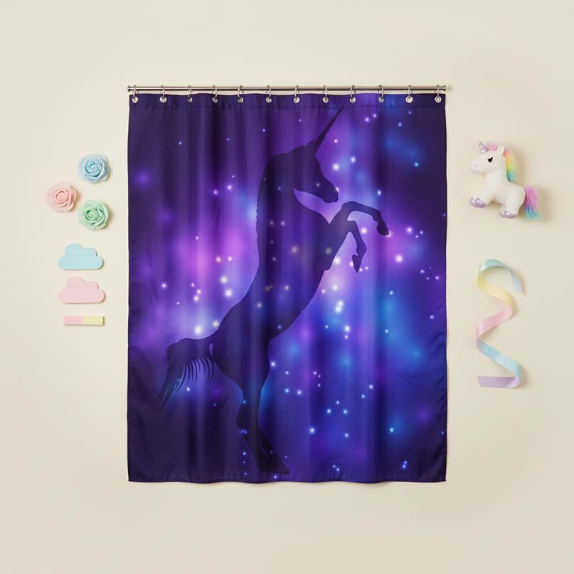 starry unicorn shower curtain - flat-lay