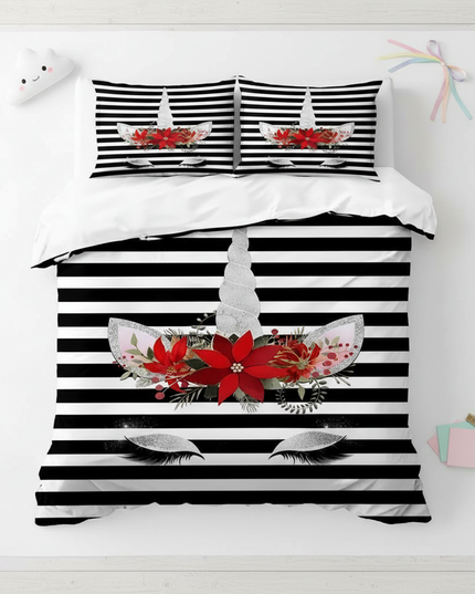 striped unicorn bedding - flat-lay