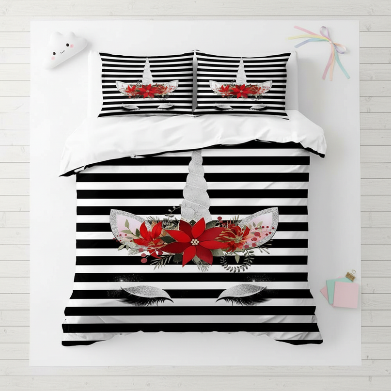striped unicorn bedding - flat-lay