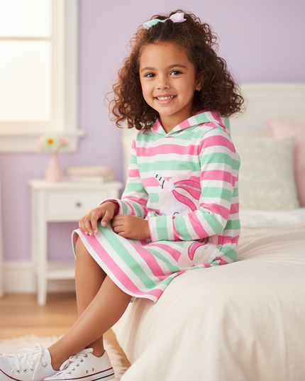 striped unicorn hoodie dress - sitting