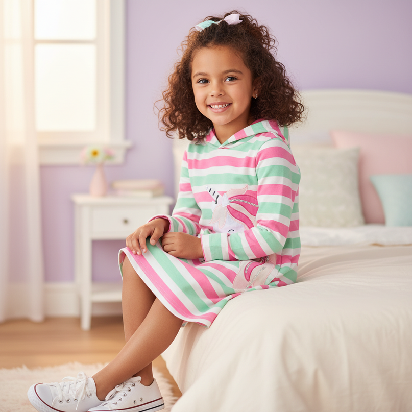 striped unicorn hoodie dress - sitting