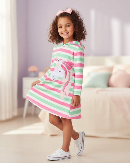 striped unicorn hoodie dress - three-quarter