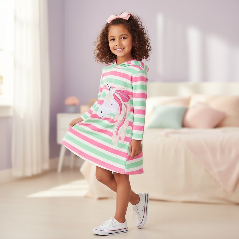 striped unicorn hoodie dress - three-quarter