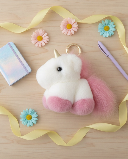 stuffed unicorn keychain - flat-lay
