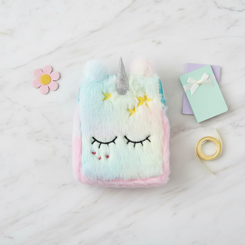 stuffed unicorn purse - flat-lay