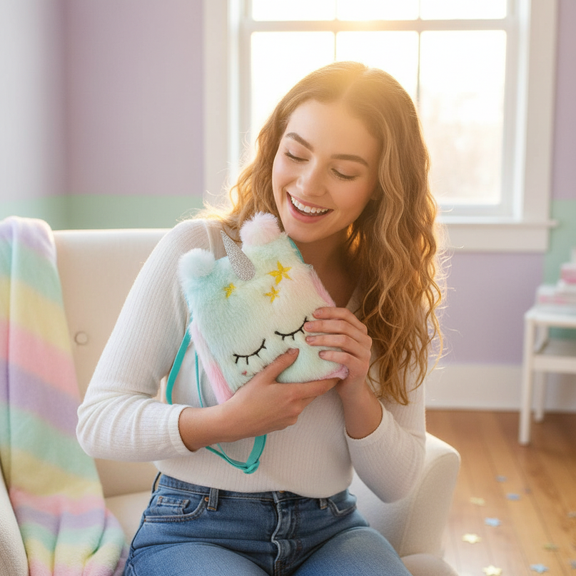 stuffed unicorn purse - in-use