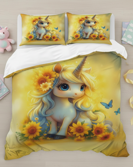 sunflower chibi unicorn bedding - flat-lay
